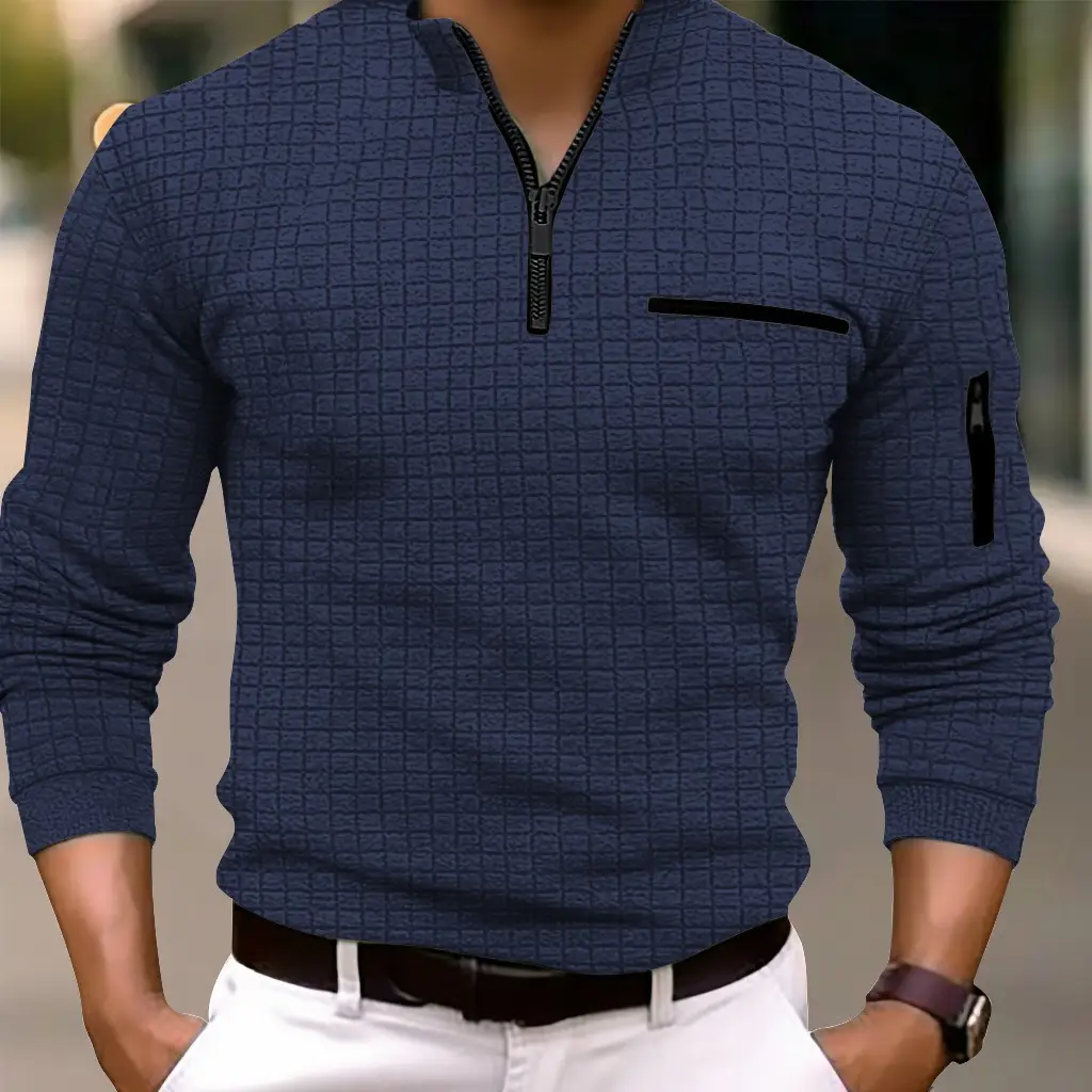 Men's White Grid Arm Zipper Polo Shirt - Image 10