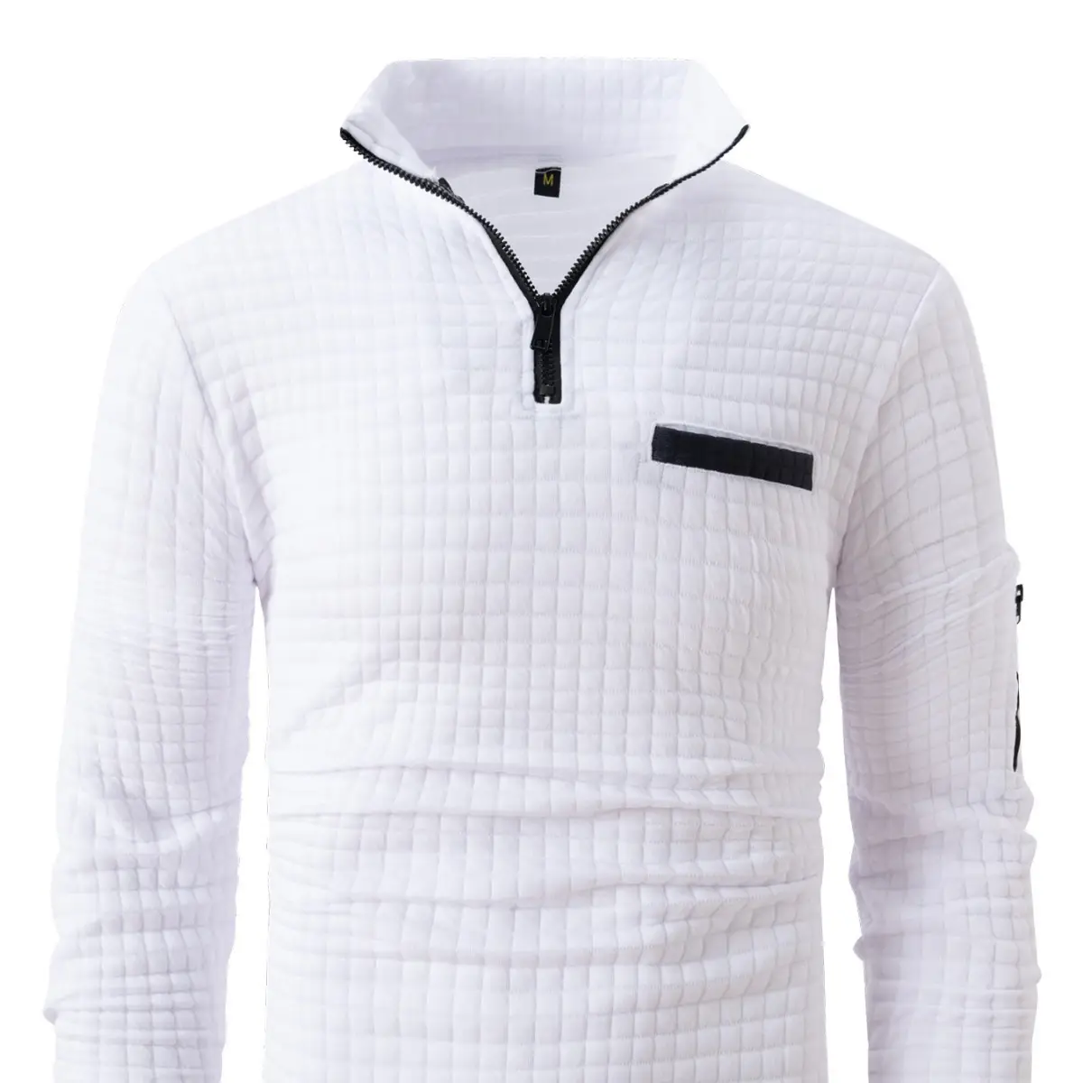 Men's White Grid Arm Zipper Polo Shirt - Image 11