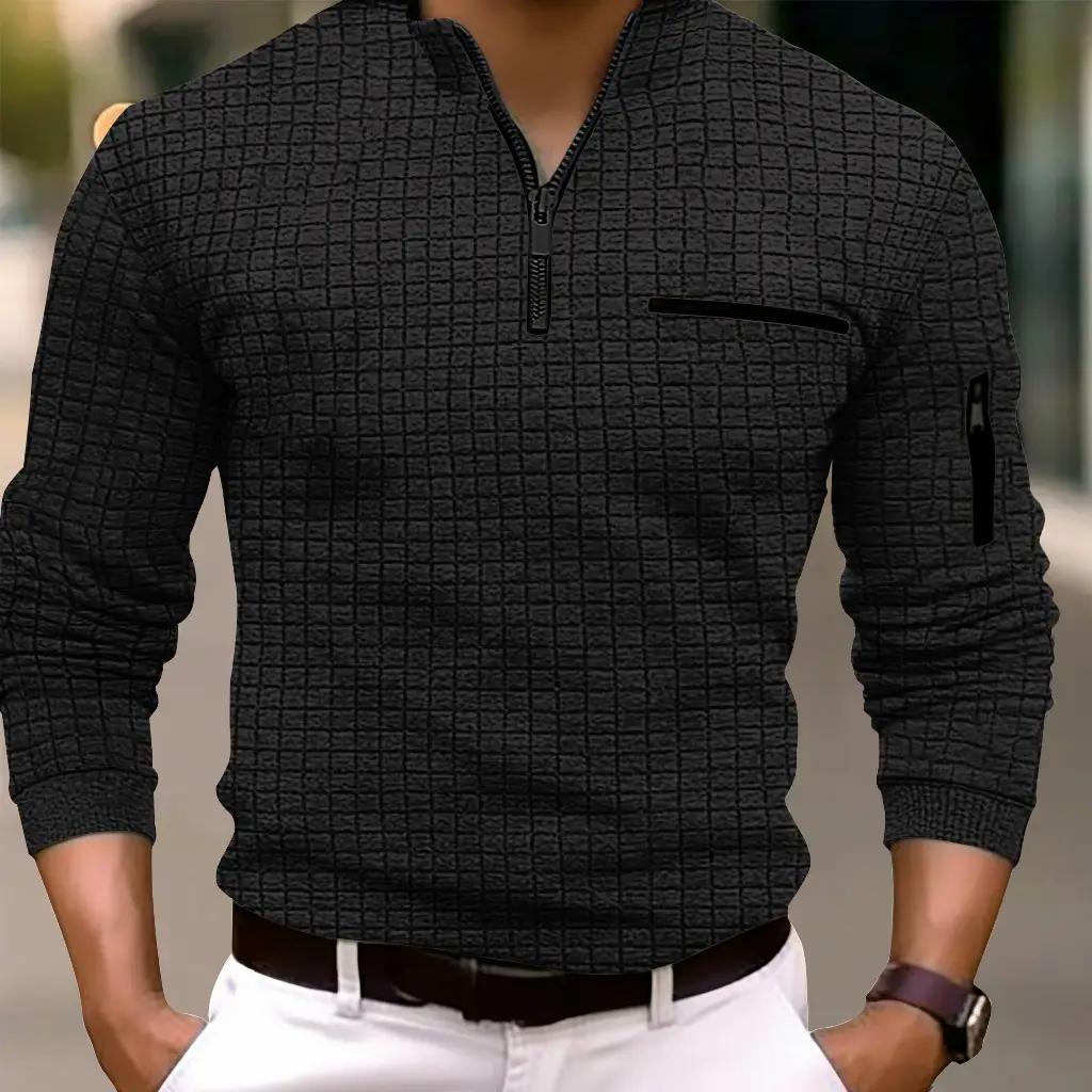 Men's White Grid Arm Zipper Polo Shirt - Image 3