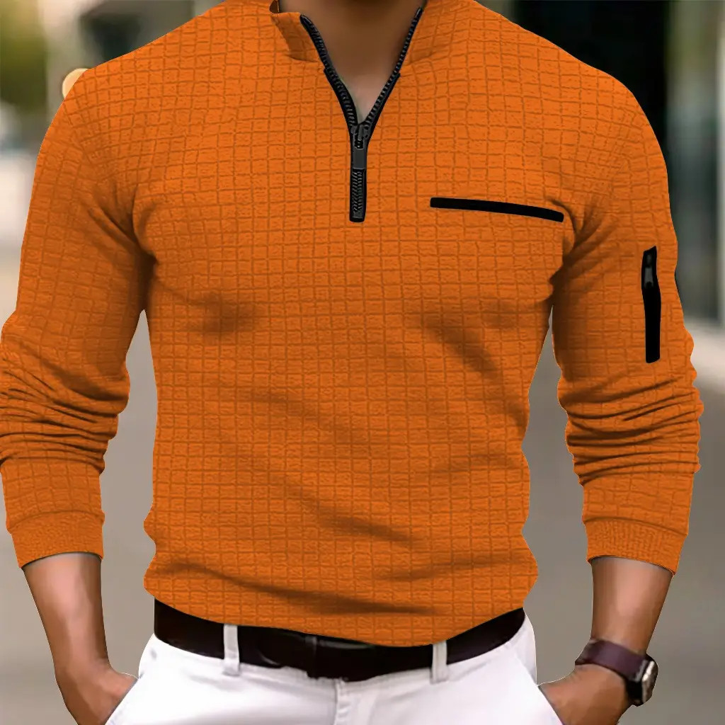 Men's White Grid Arm Zipper Polo Shirt - Image 4