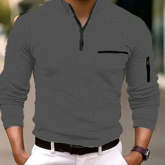 Men's White Grid Arm Zipper Polo Shirt - Image 6