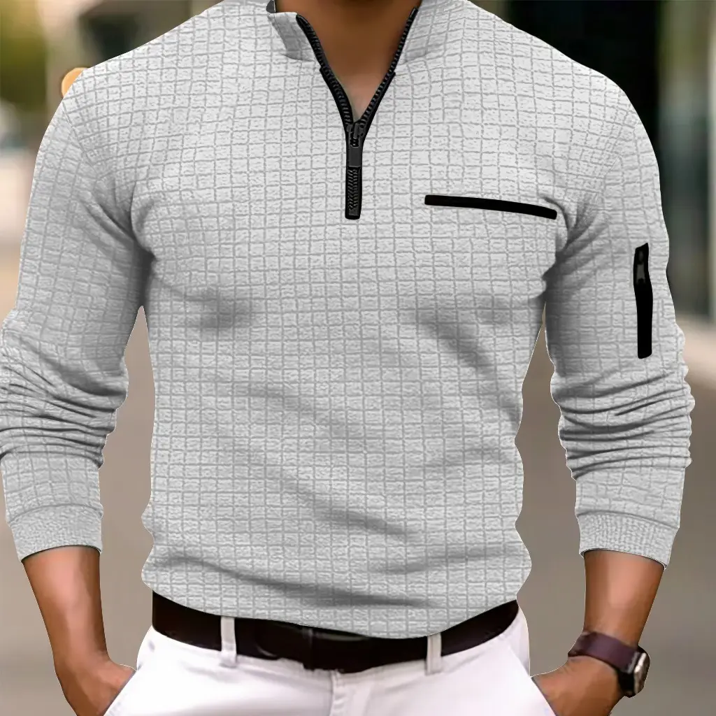 Men's White Grid Arm Zipper Polo Shirt - Image 2