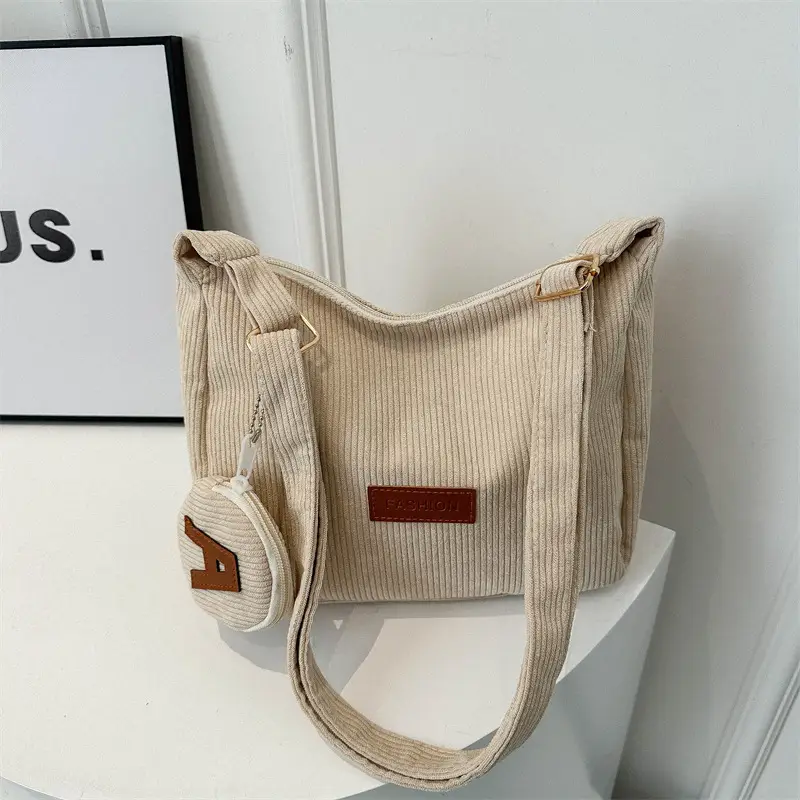 Women's Large Capacity Corduroy Shoulder Bag Beige