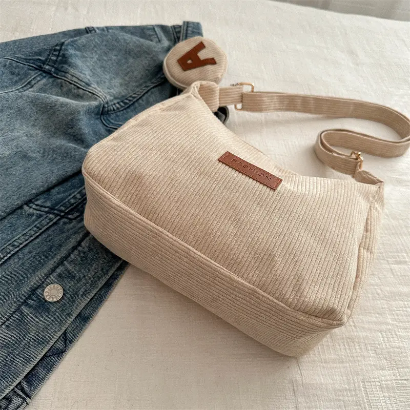 Women's Large Capacity Corduroy Shoulder Bag Beige