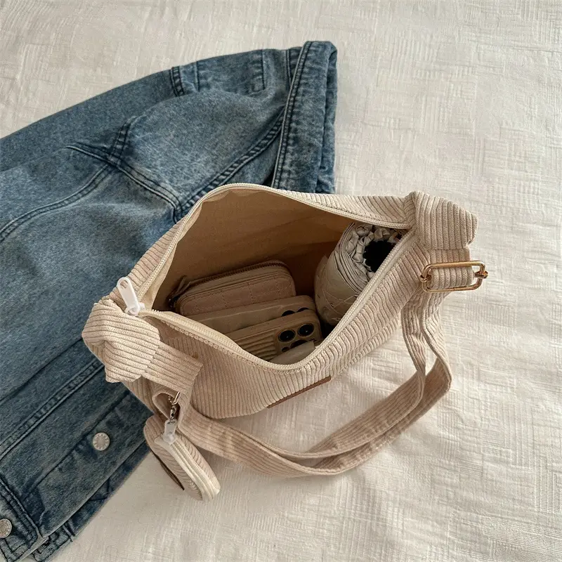 Women's Large Capacity Corduroy Shoulder Bag Beige