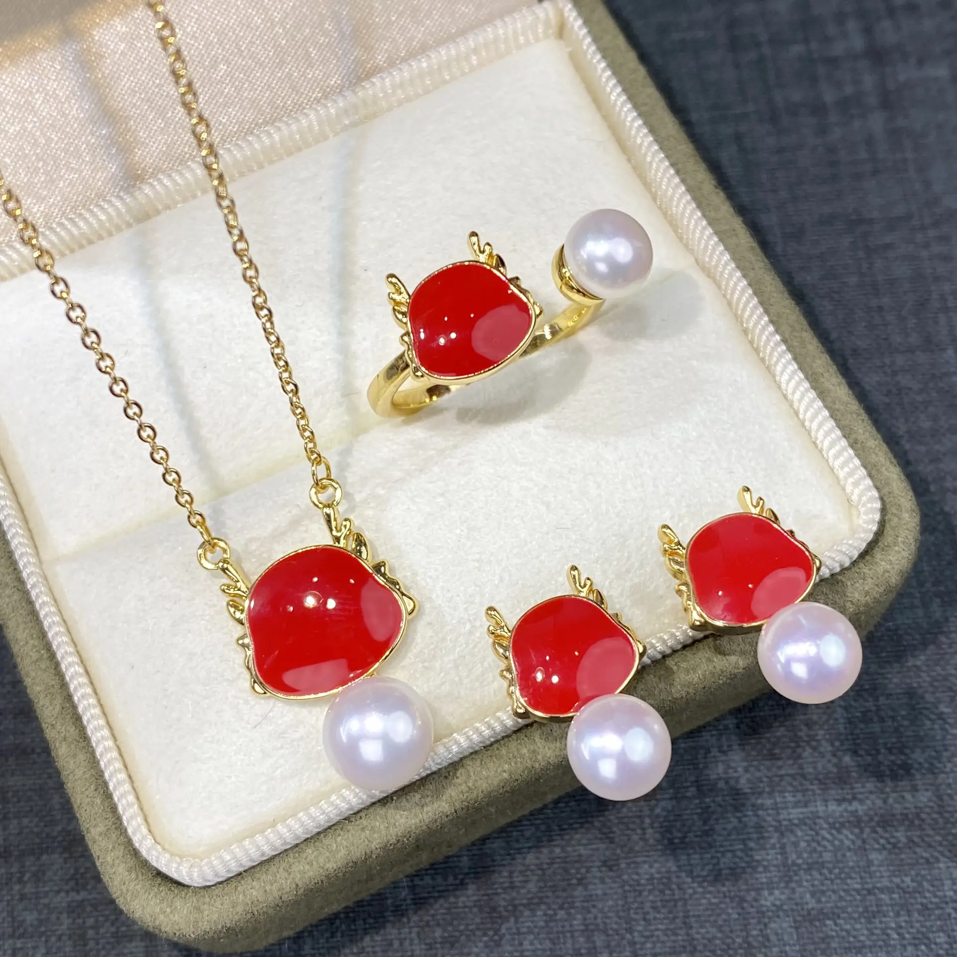 2024 Dragon Year Red Pearl Earrings Set S925 Gold