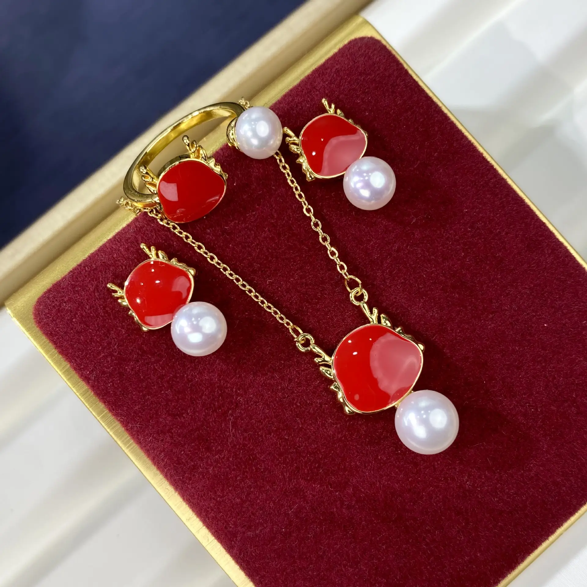 2024 Dragon Year Red Pearl Earrings Set S925 Gold