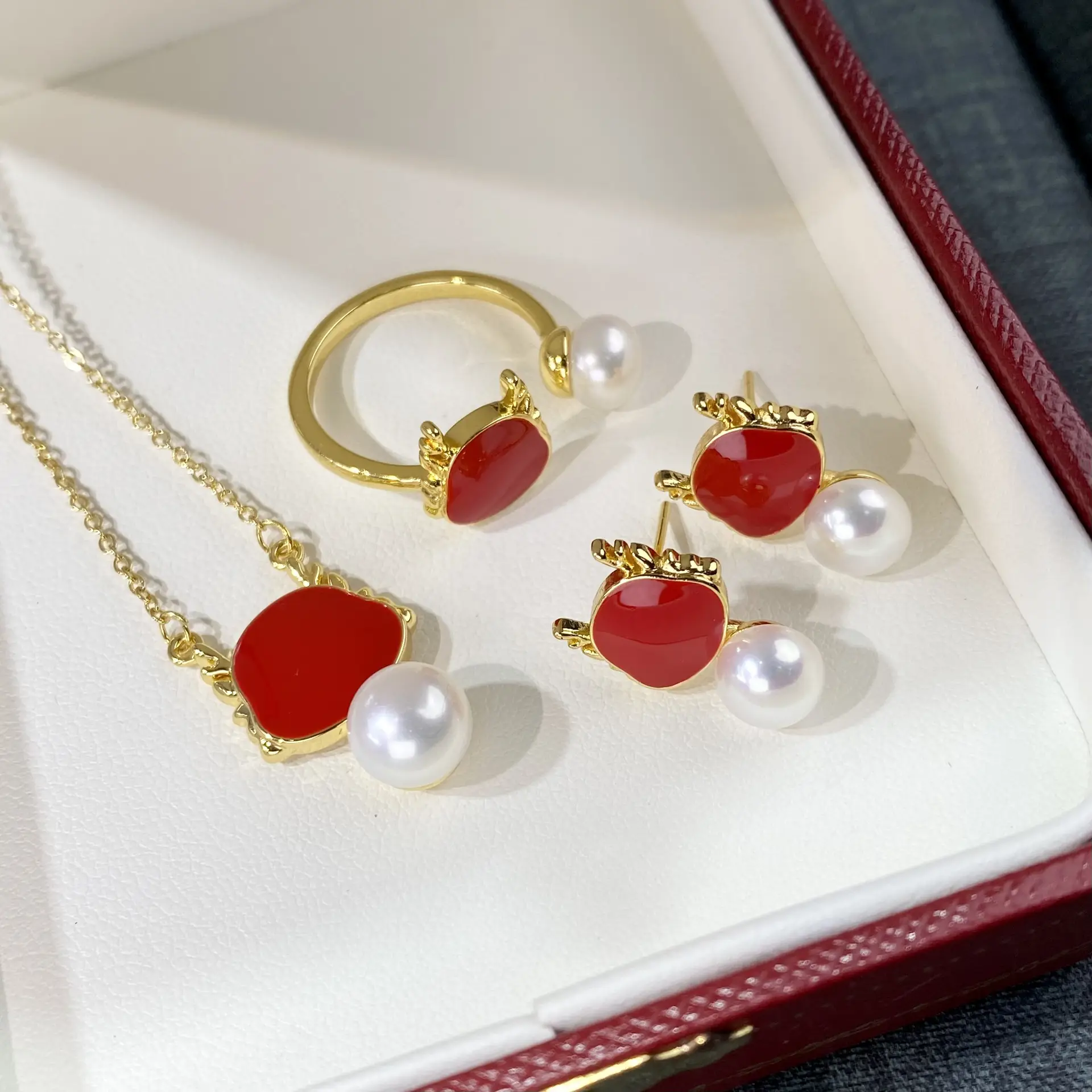 2024 Dragon Year Red Pearl Earrings Set S925 Gold