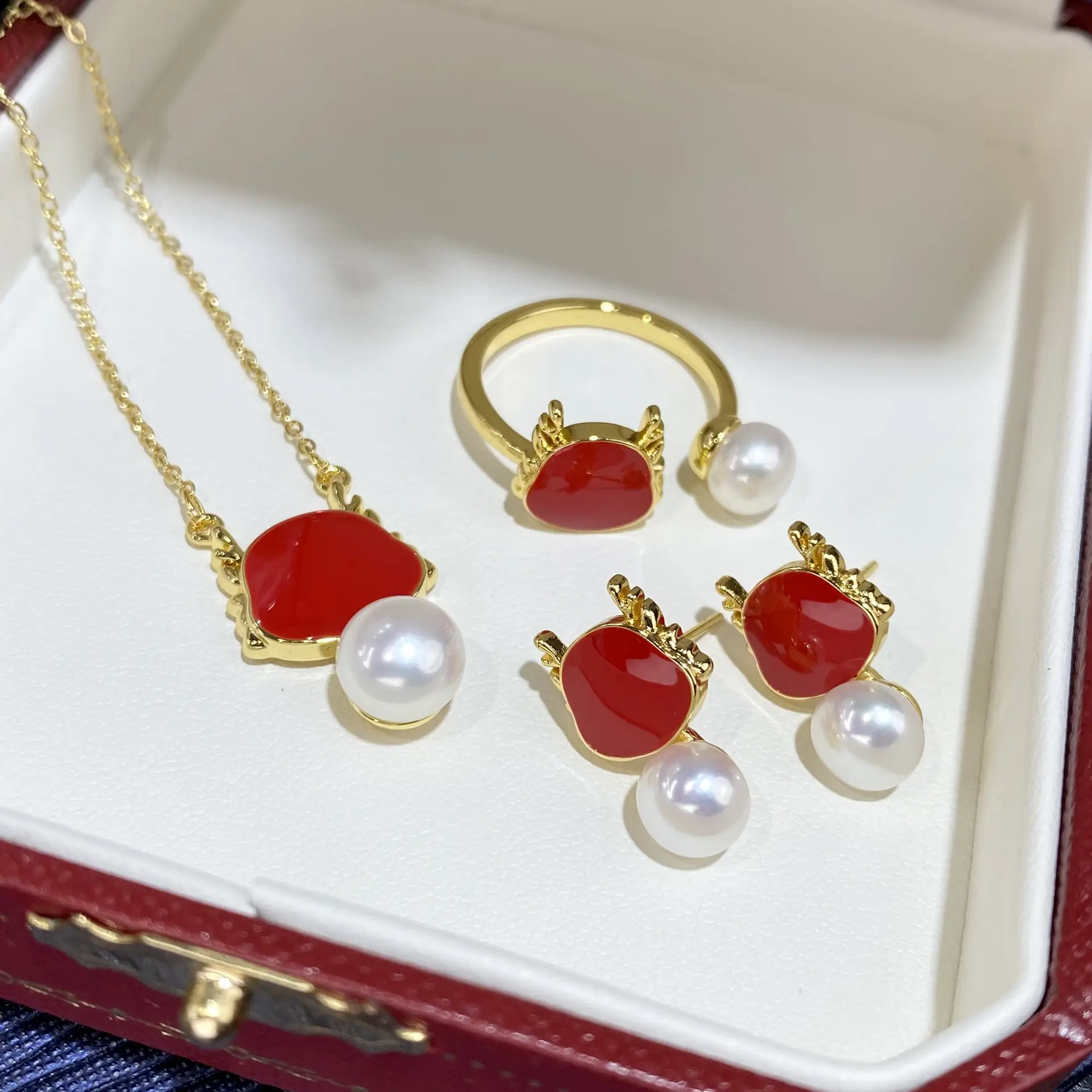 2024 Dragon Year Red Pearl Earrings Set S925 Gold — feature 6