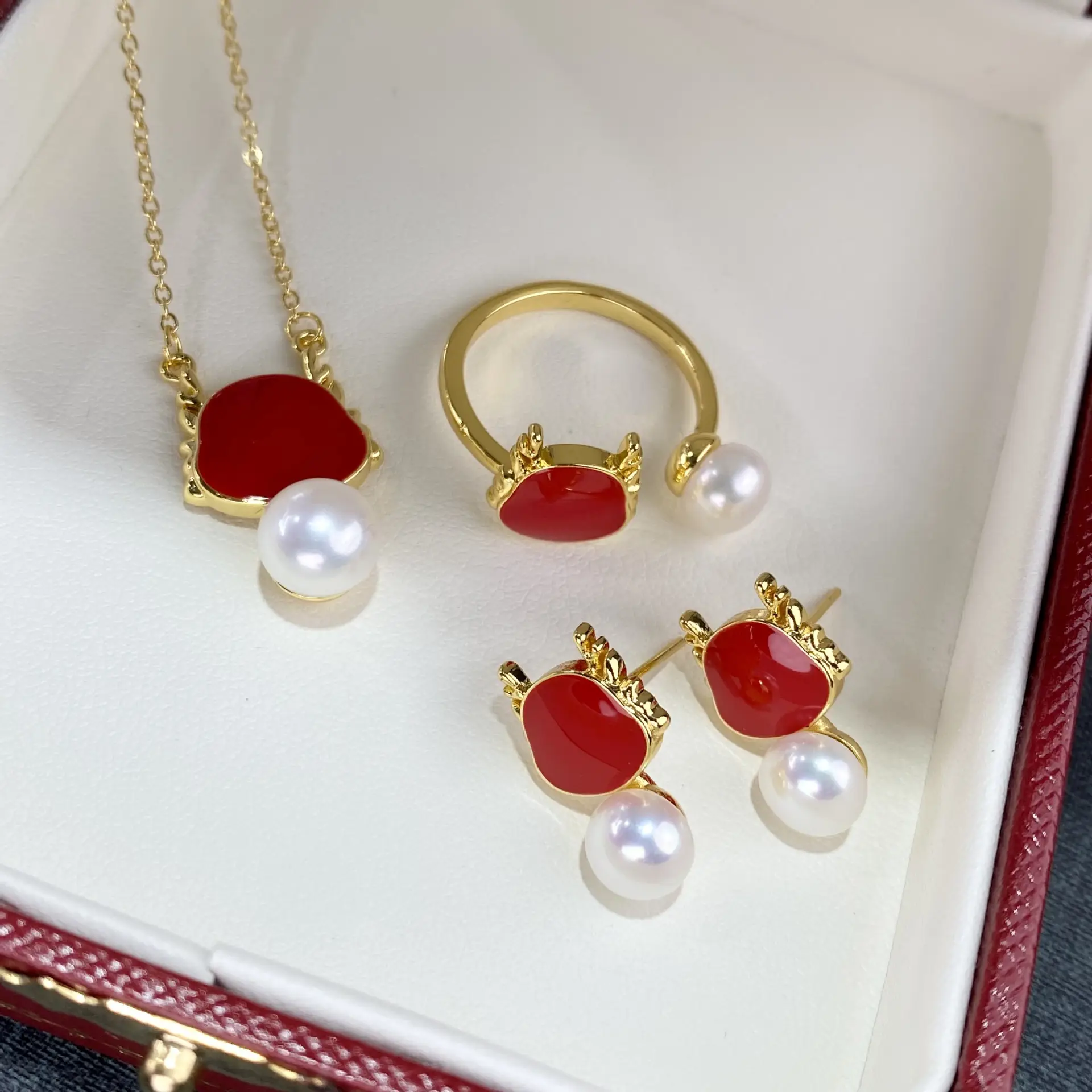 2024 Dragon Year Red Pearl Earrings Set S925 Gold — feature 7