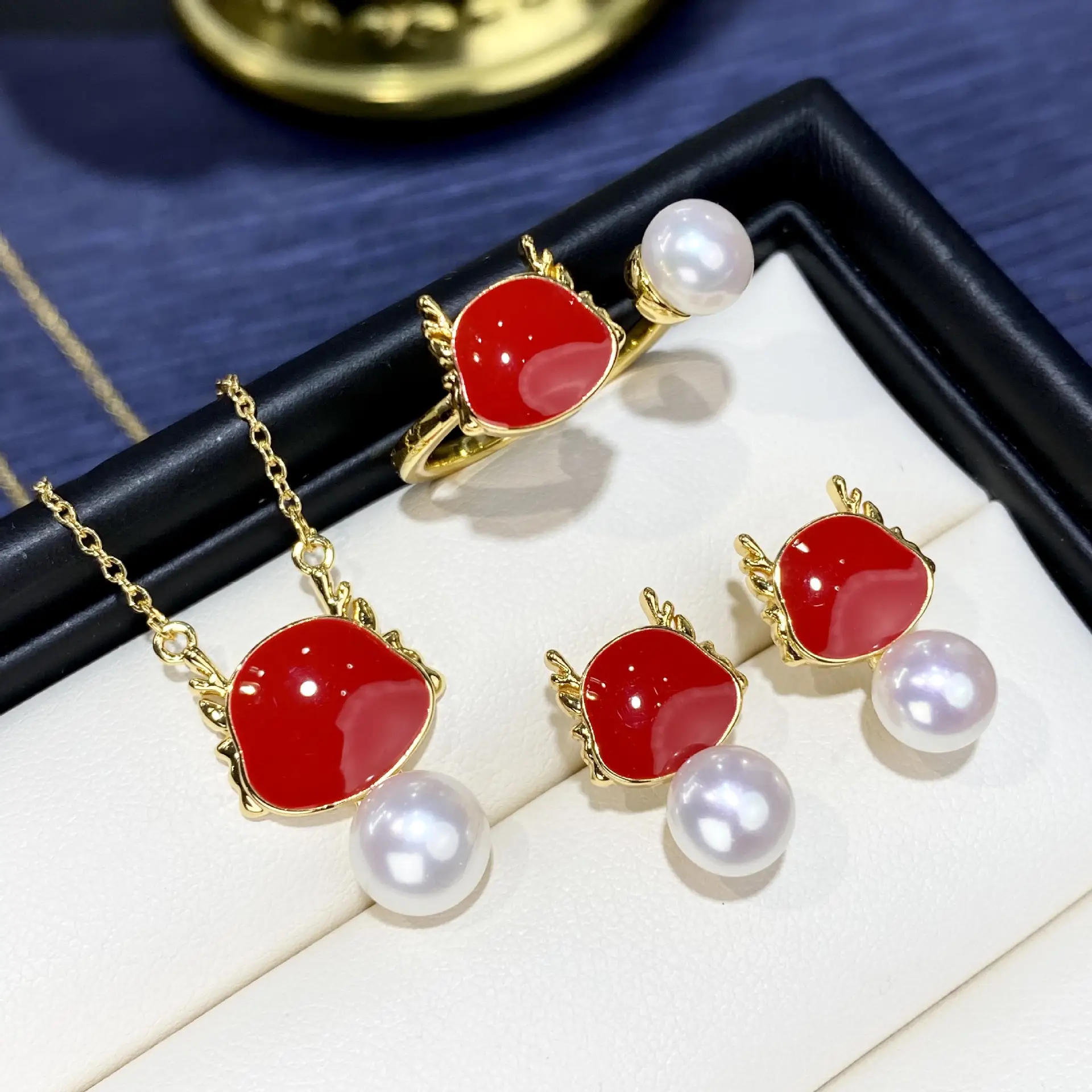 2024 Dragon Year Red Pearl Earrings Set S925 Gold — feature 9