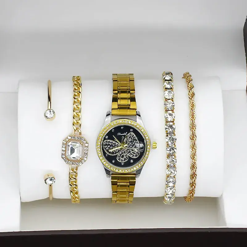 Women's Gold Butterfly Watch Set of 5 Luxury Fashion - Image 9