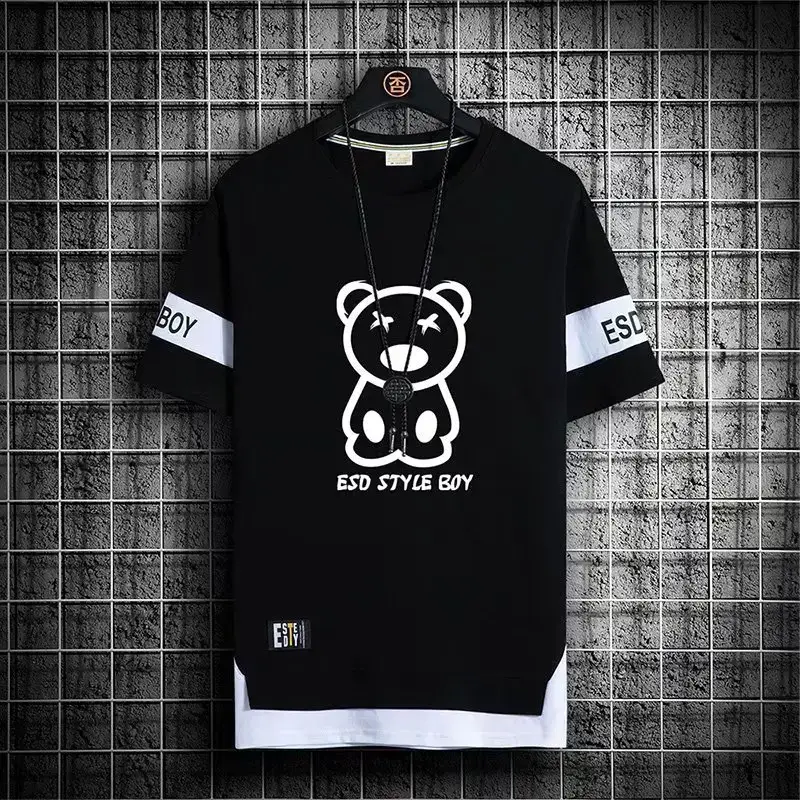 Men Ice Silk Half Sleeve T-Shirt Black White ESD Style Bear Print - Image 13