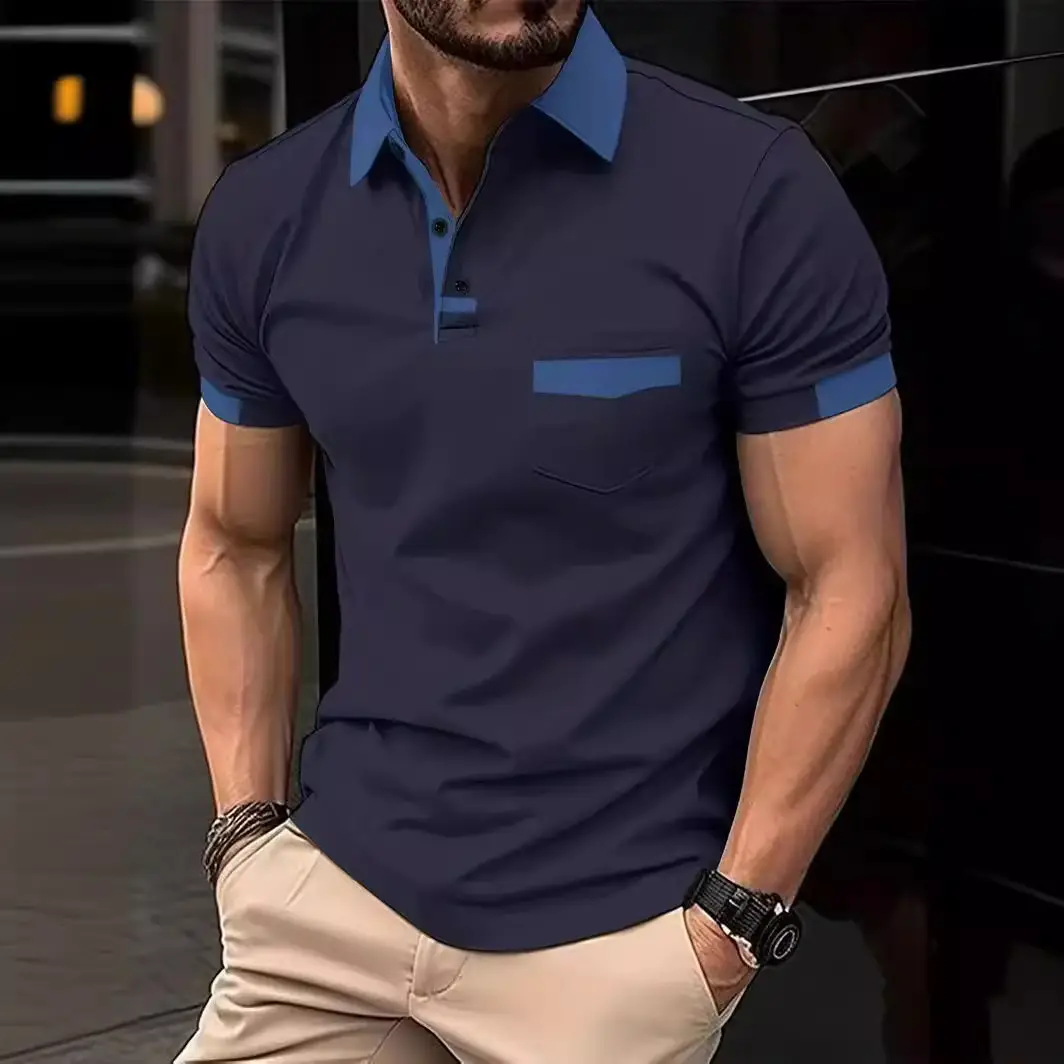 Men's Gray Blue Polo Shirt with Pocket Design - Image 8