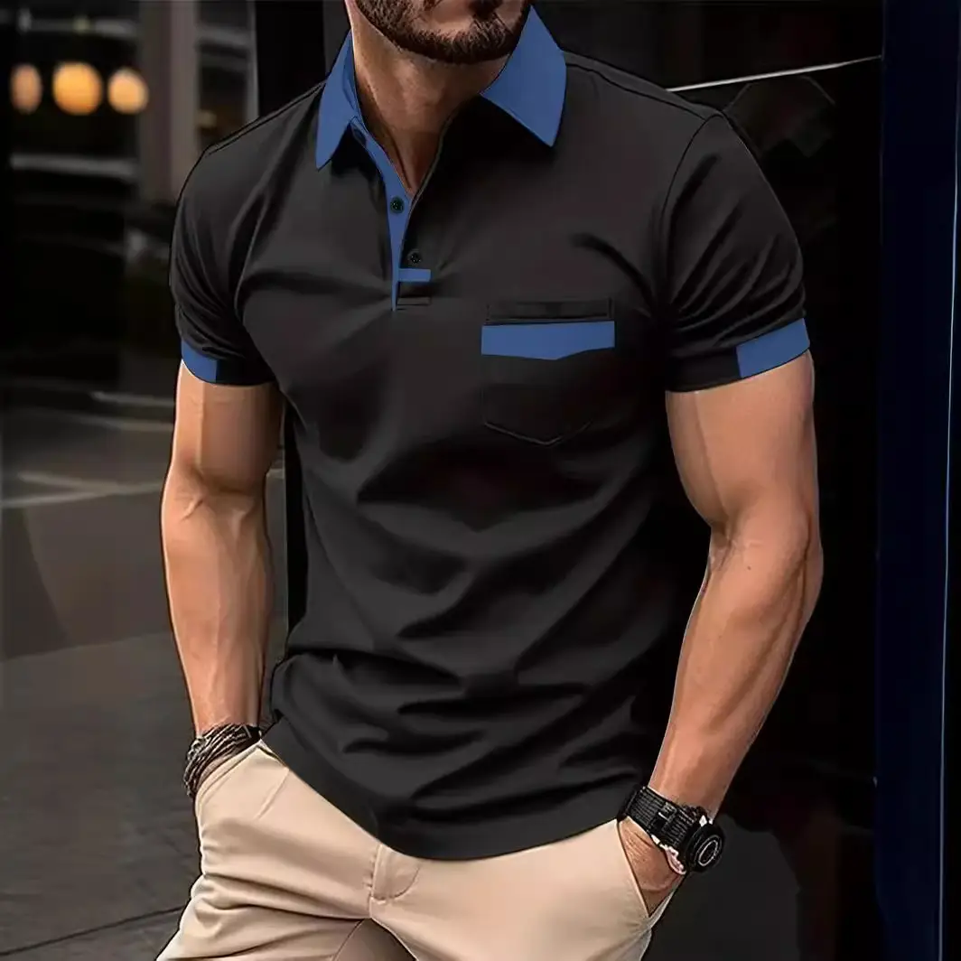 Men's Gray Blue Polo Shirt with Pocket Design - Image 9