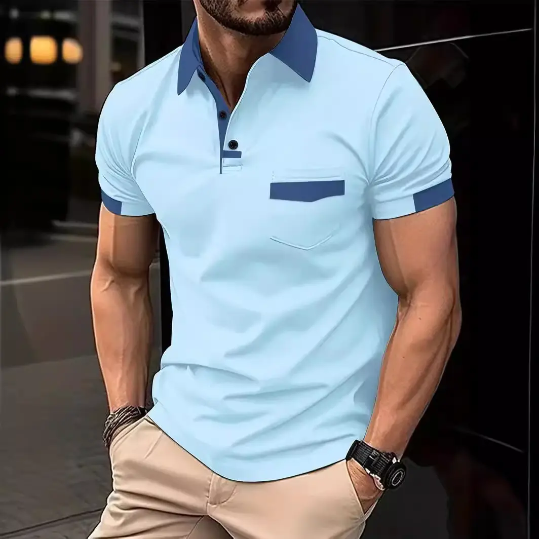 Men's Gray Blue Polo Shirt with Pocket Design - Image 10