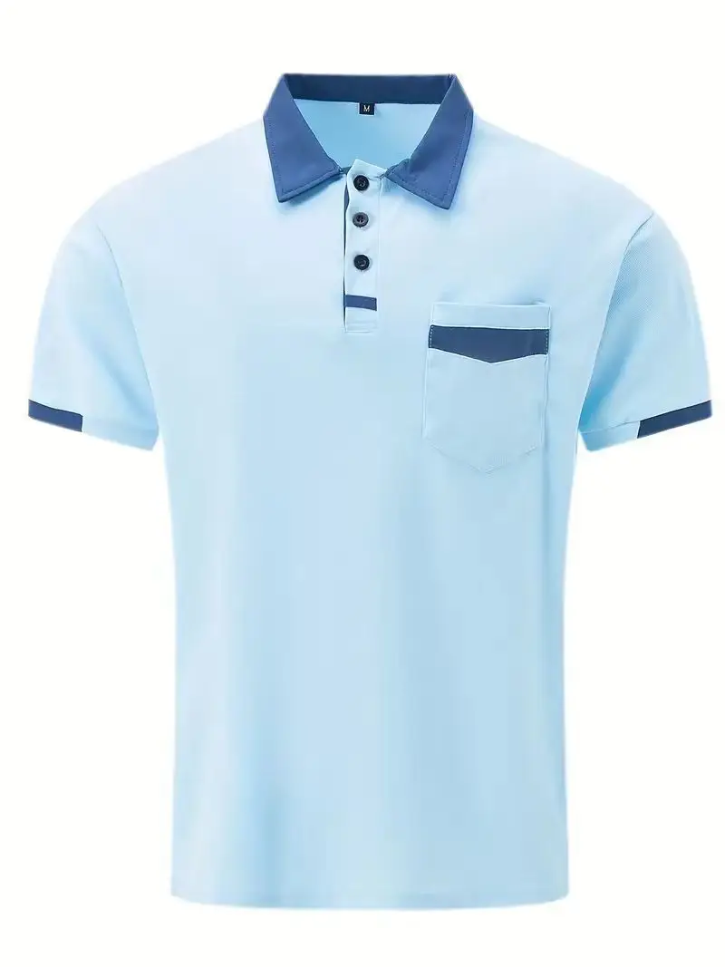 Men's Gray Blue Polo Shirt with Pocket Design — feature 9