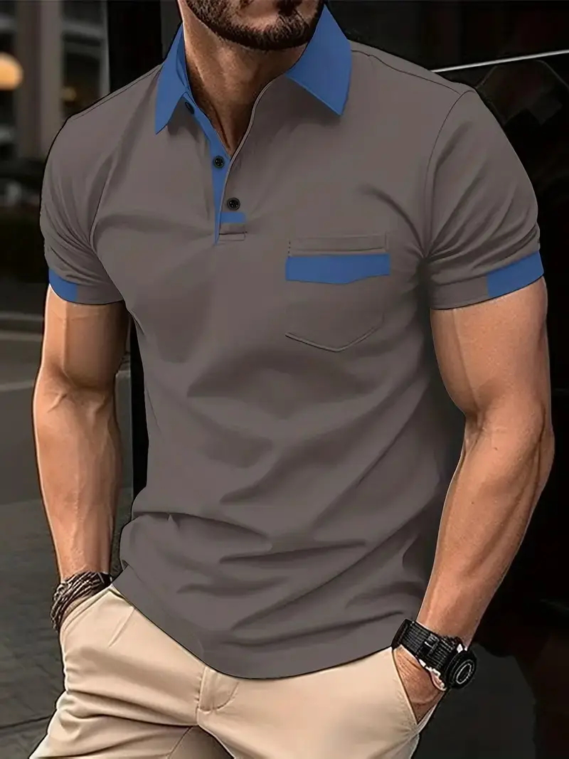 Men's Gray Blue Polo Shirt with Pocket Design - Image 5