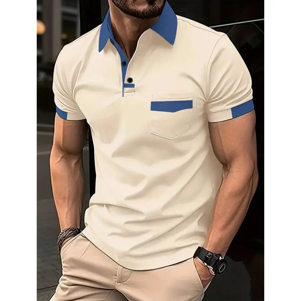 Men's Gray Blue Polo Shirt with Pocket Design - Image 2