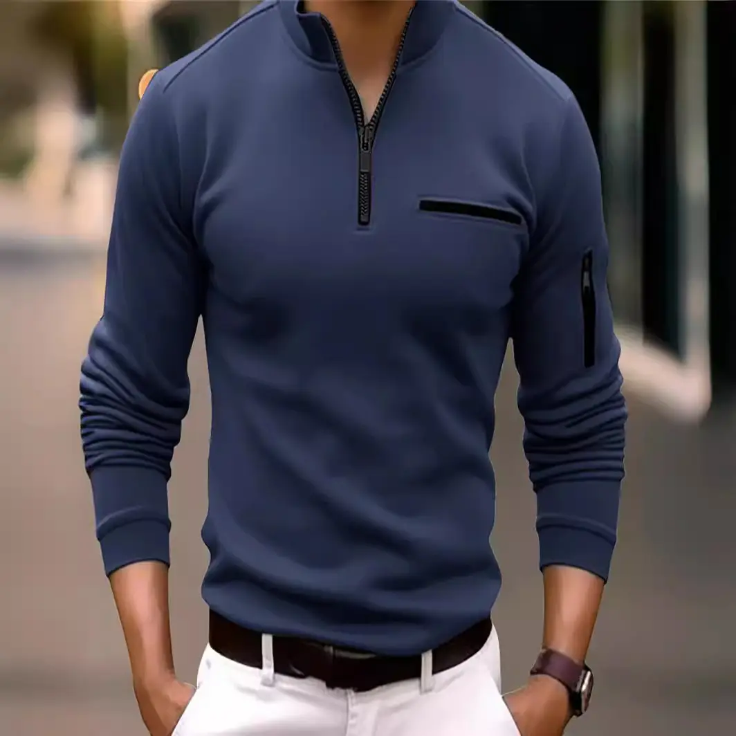 Men's Black Zipper Polo Shirt with Pocket - Image 12