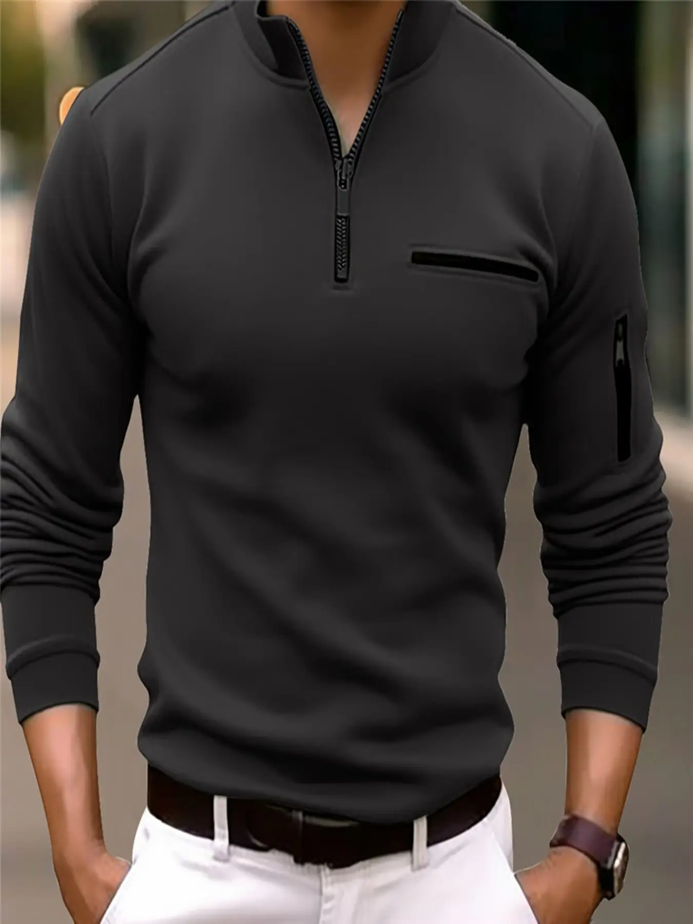 Men's Black Zipper Polo Shirt with Pocket — feature 6