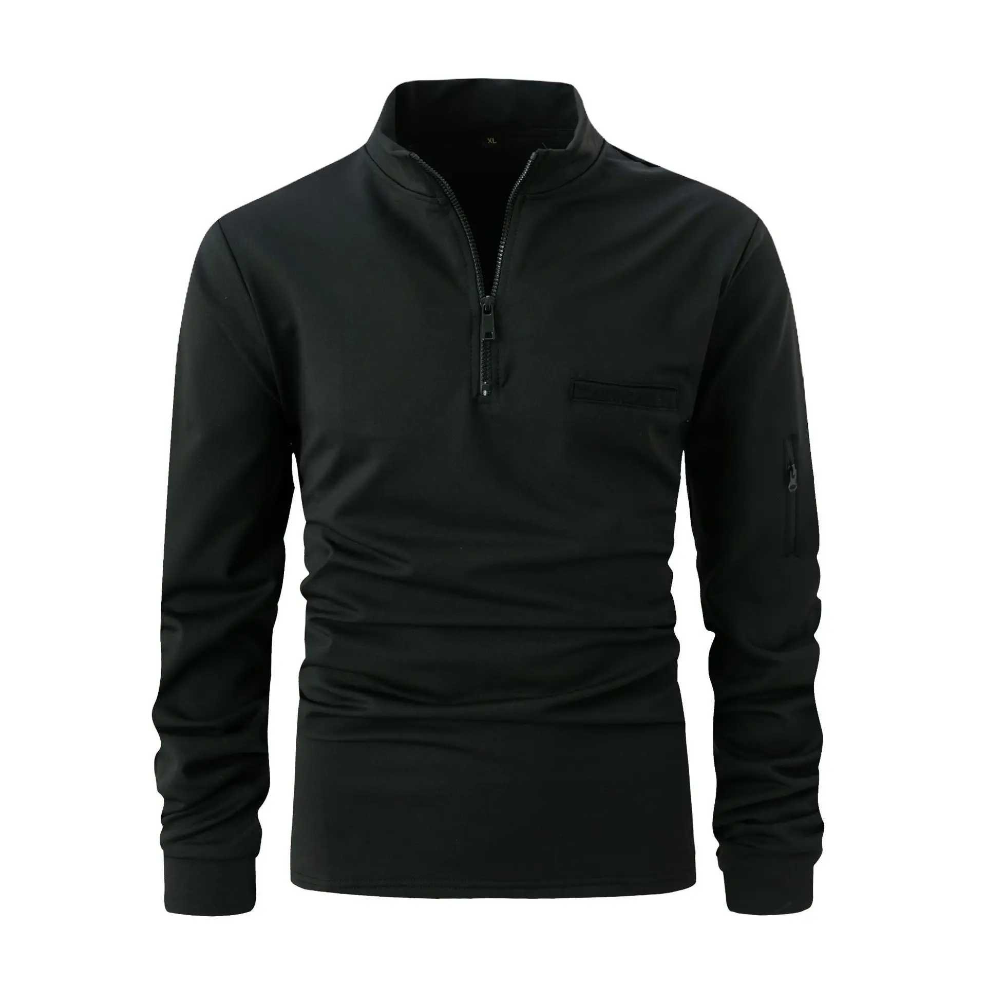 Men's Black Zipper Polo Shirt with Pocket - Image 2