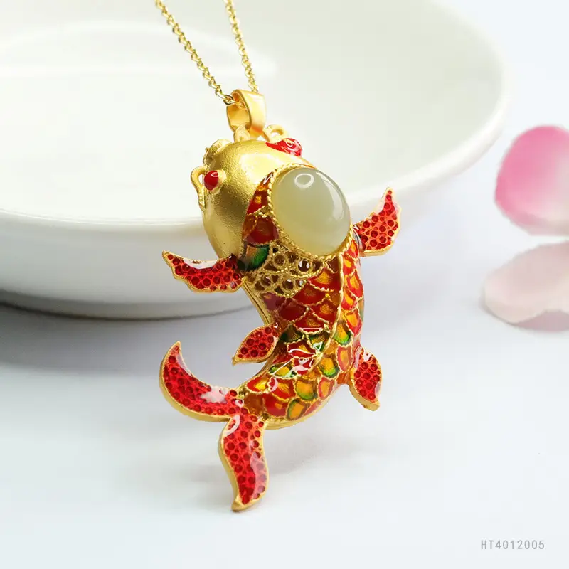 Guan Yu Koi Enamel Pendant Necklace Clear Jade - Image 3