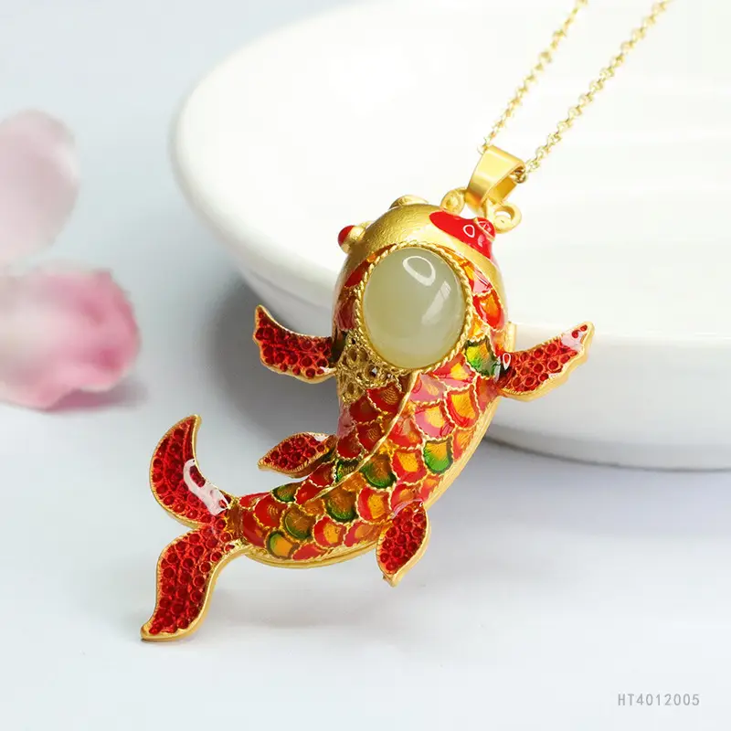 Guan Yu Koi Enamel Pendant Necklace Clear Jade - Image 4