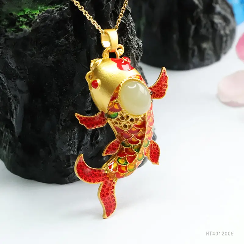 Guan Yu Koi Enamel Pendant Necklace Clear Jade - Image 5