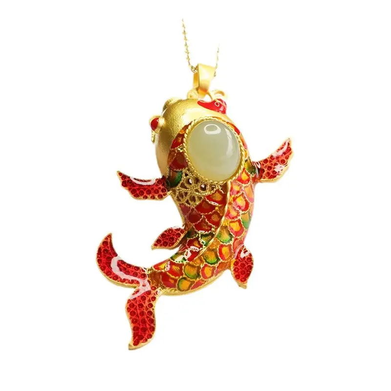 Guan Yu Koi Enamel Pendant Necklace Clear Jade - Image 6