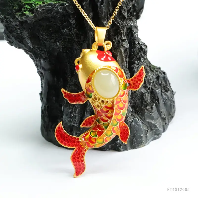Guan Yu Koi Enamel Pendant Necklace Clear Jade — feature 7