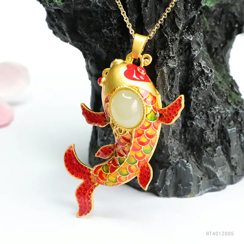Guan Yu Koi Enamel Pendant Necklace Clear Jade — feature 8