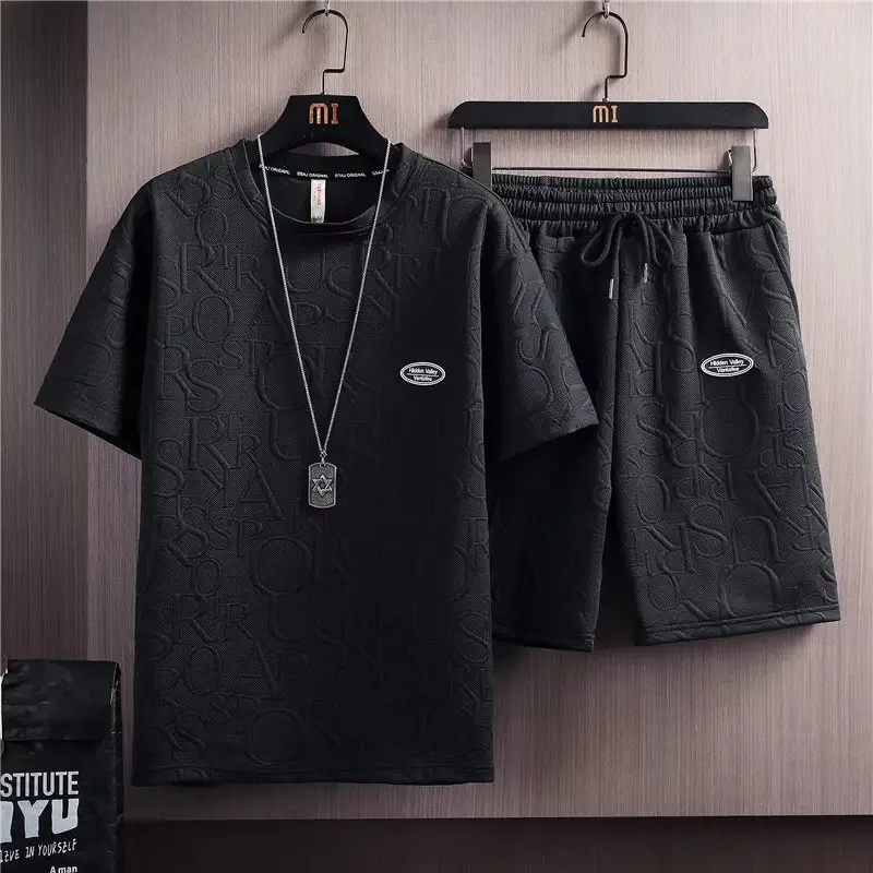 Men Black Printed Casual Shorts Set Summer Suit