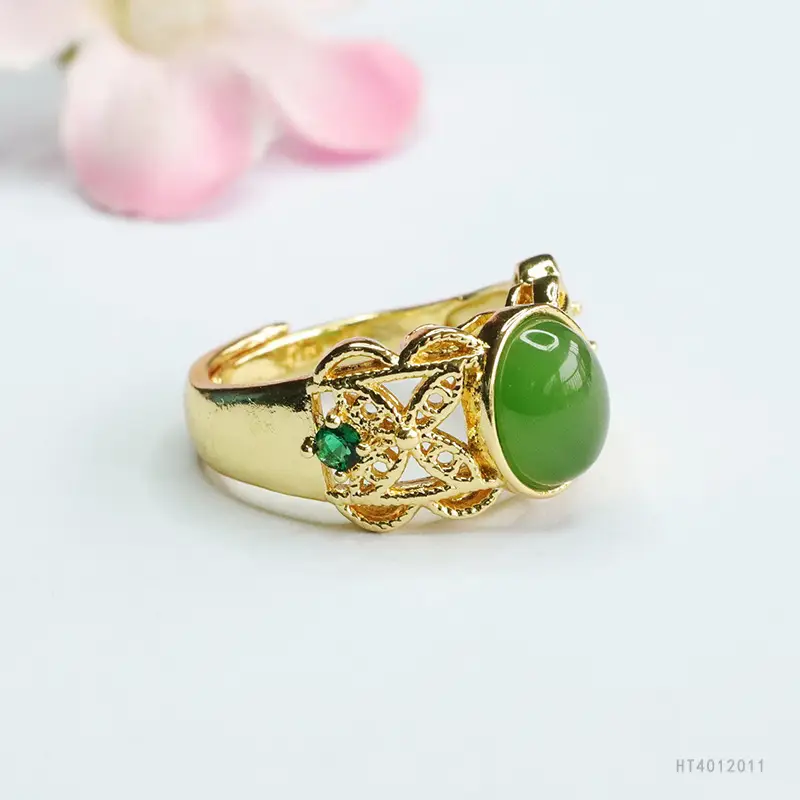 Guan Yu Jade Jasper Ring Spinach Green Ethnic Style - Image 3