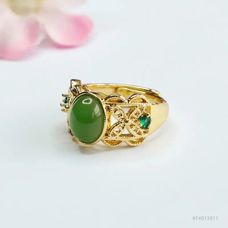 Guan Yu Jade Jasper Ring Spinach Green Ethnic Style - Image 4