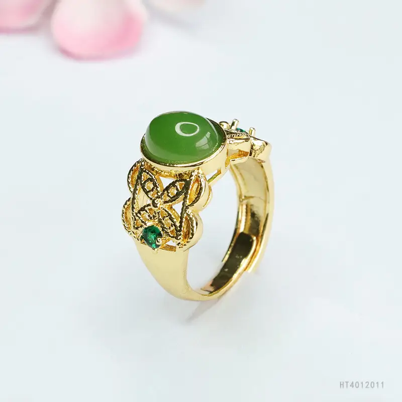 Guan Yu Jade Jasper Ring Spinach Green Ethnic Style - Image 5