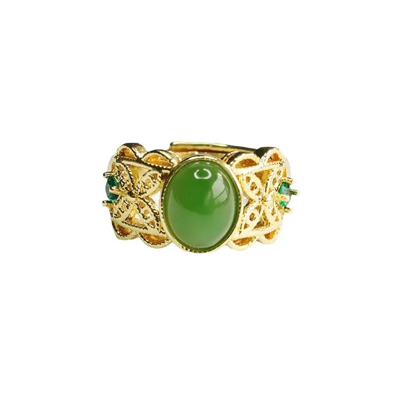 Guan Yu Jade Jasper Ring Spinach Green Ethnic Style - Image 6