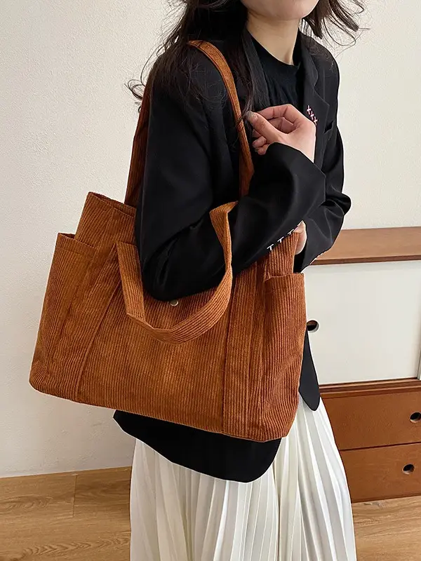 Women Casual Shoulder Bag Black Large Capacity Corduroy - Image 9
