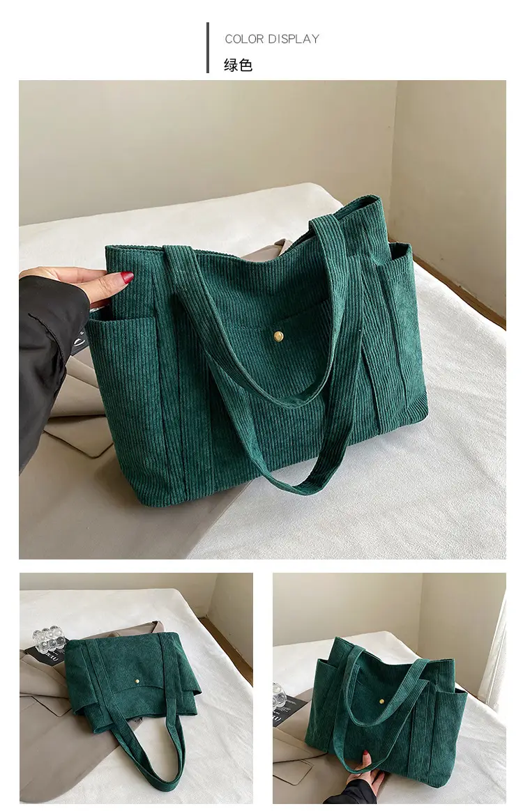 Women Casual Shoulder Bag Black Large Capacity Corduroy — feature 15