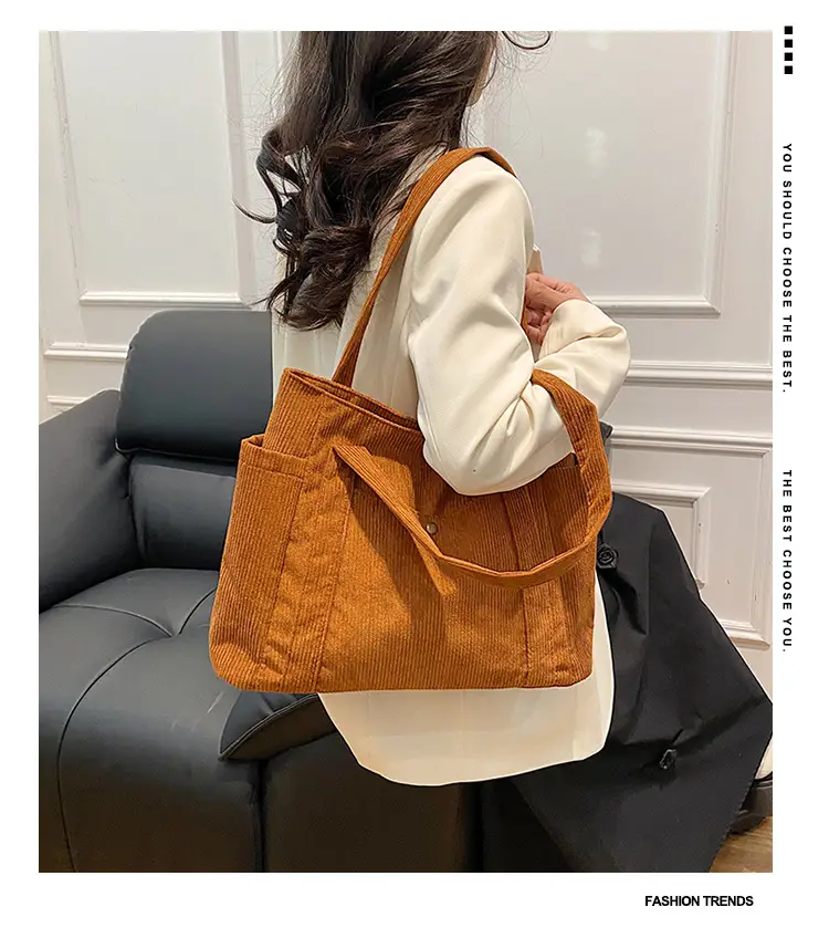 Women Casual Shoulder Bag Black Large Capacity Corduroy — feature 2