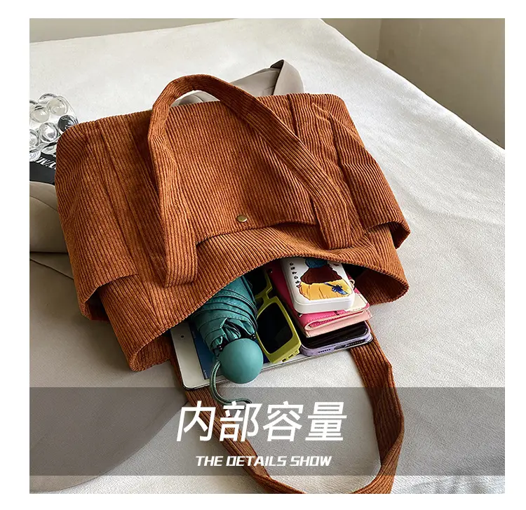 Women Casual Shoulder Bag Black Large Capacity Corduroy — feature 6