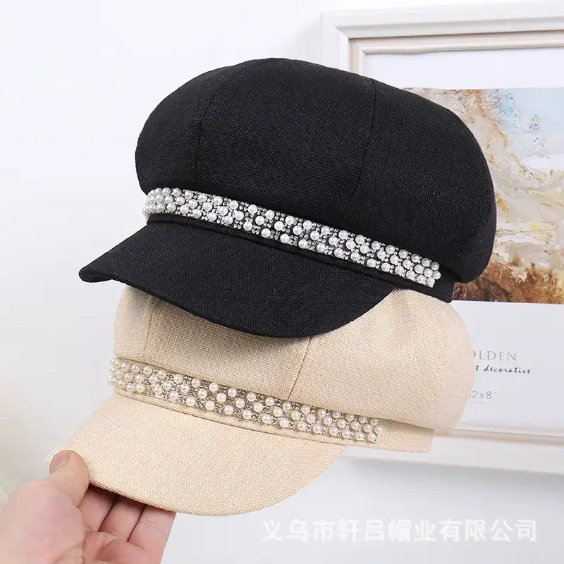 Women Rhinestone Pearl Chain Octagonal Hats Black Beige - Image 3