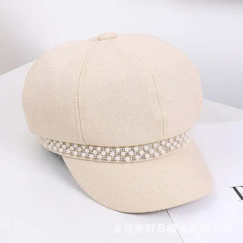 Women Rhinestone Pearl Chain Octagonal Hats Black Beige - Image 4