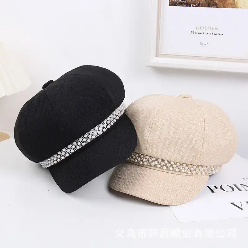Women Rhinestone Pearl Chain Octagonal Hats Black Beige - Image 5
