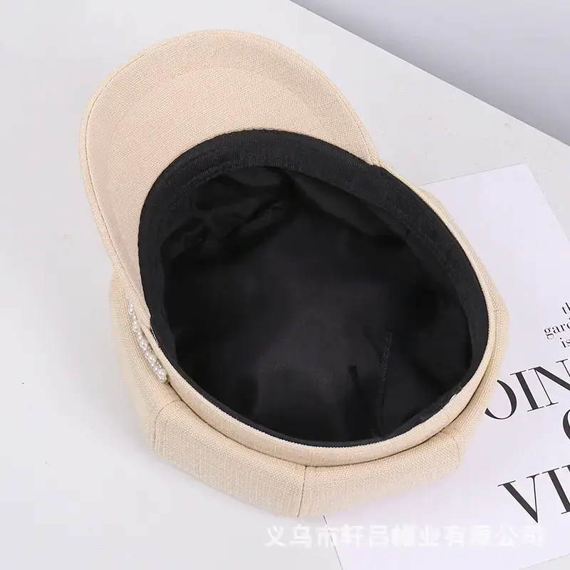 Women Rhinestone Pearl Chain Octagonal Hats Black Beige - Image 6