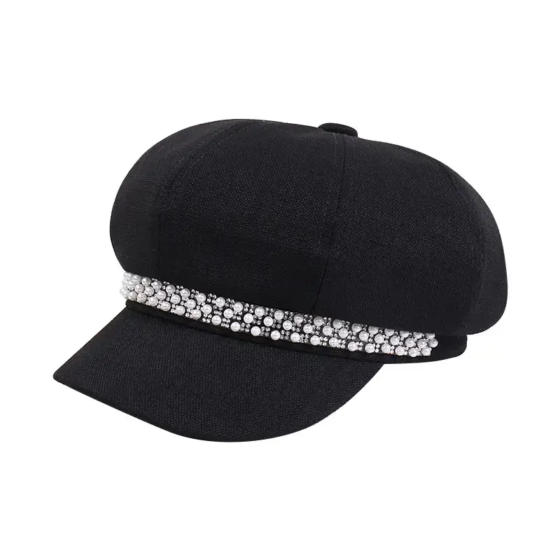 Women Rhinestone Pearl Chain Octagonal Hats Black Beige - Image 7