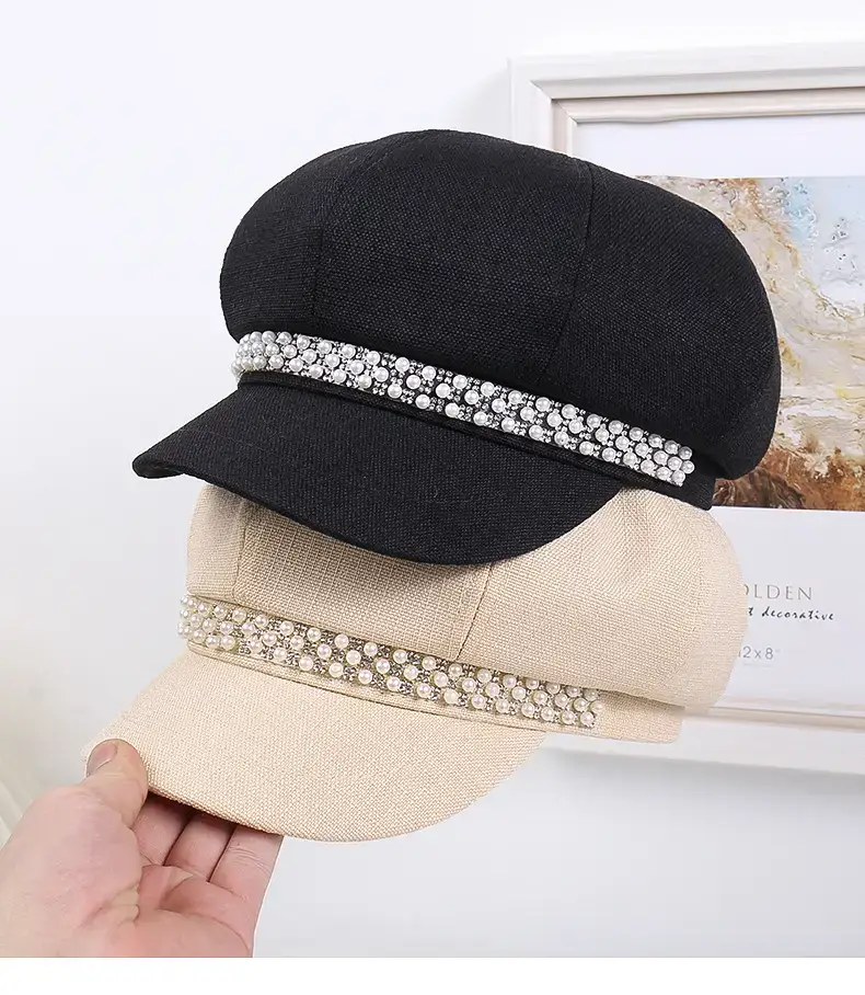 Women Rhinestone Pearl Chain Octagonal Hats Black Beige — feature 13