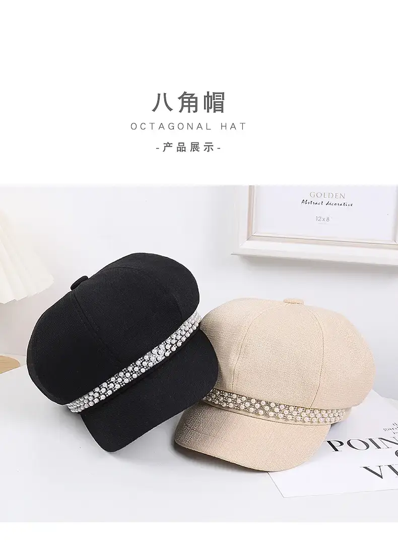 Women Rhinestone Pearl Chain Octagonal Hats Black Beige — feature 14