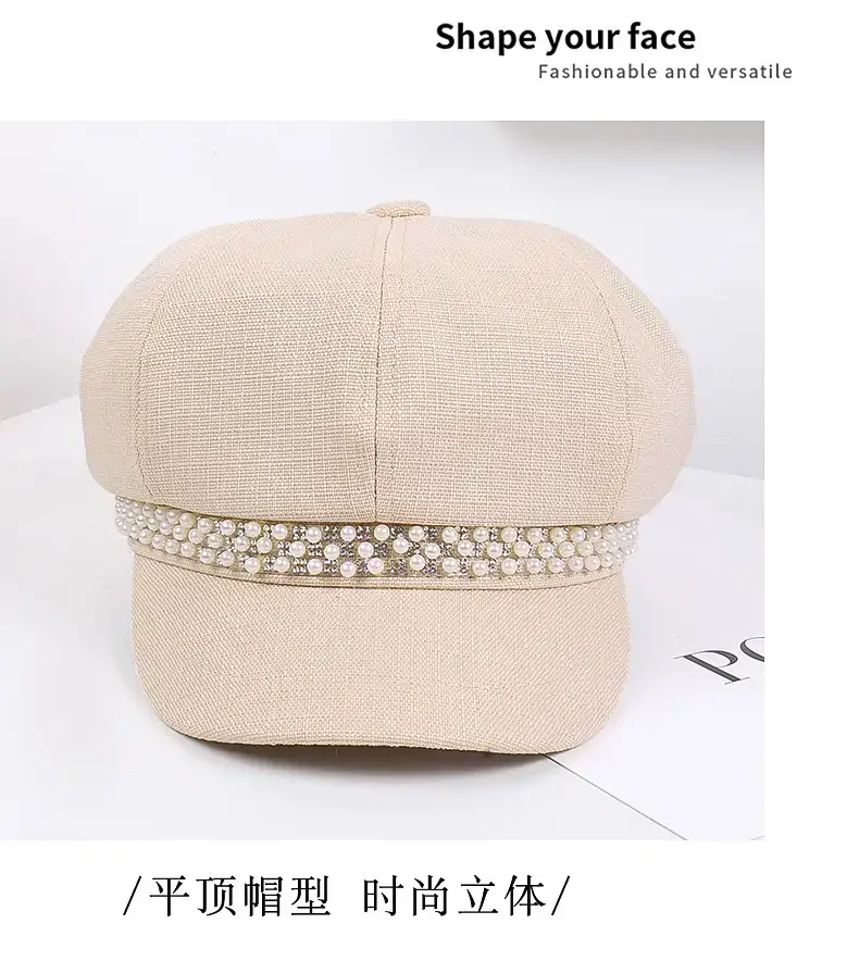 Women Rhinestone Pearl Chain Octagonal Hats Black Beige — feature 16