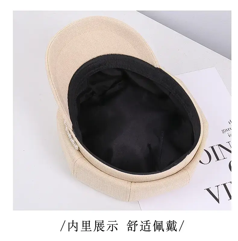 Women Rhinestone Pearl Chain Octagonal Hats Black Beige — feature 17
